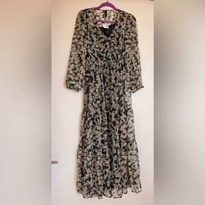 Mango Black and Cream Floral Long Sleeve Dress